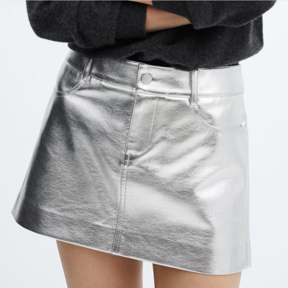 MNG MANGO Faux Leather Silver Mini Skirt Size L Club Edgy Cosplay